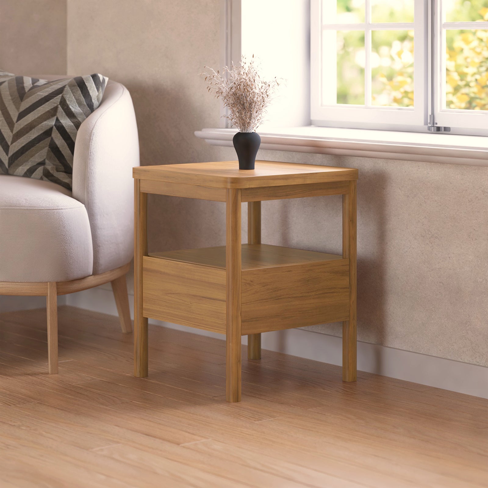 Brett Solid Oak Bedside Table - Natural, featuring a smooth surface with a drawer and open shelf, crafted from solid oak for durability. Ideal for bedrooms, enhancing interior design with its natural elegance.