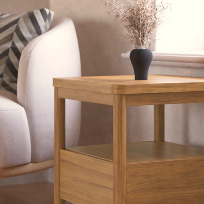 Brett Solid Oak Bedside Table - Natural, showcasing solid oak construction with a natural finish, drawer, and open shelf. Features anti-slip pads, reflecting timeless design and practical storage for bedrooms.