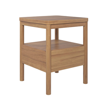 Brett Solid Oak Bedside Table - Natural, featuring a solid oak build with an open shelf and a drawer, showcasing its durability and elegant design, ideal for bedroom storage and decor.
