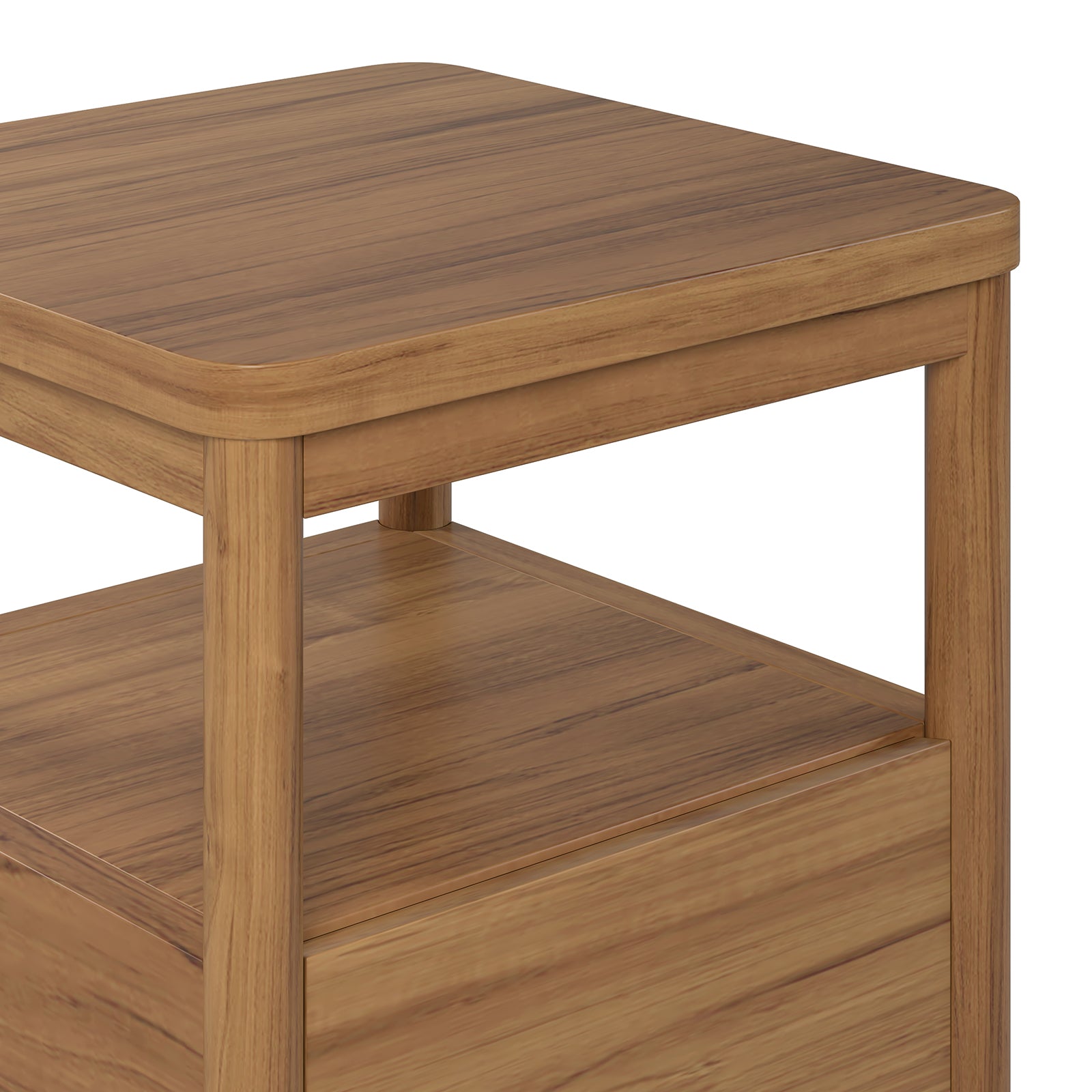 Brett Solid Oak Bedside Table - Natural, showcasing a rich, organic wood grain texture with a sturdy build. Features a drawer and shelf for storage, set on a smooth wooden surface.