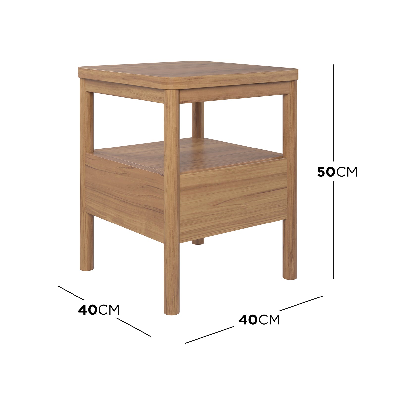 Dimension of the Brett Solid Oak Bedside Table - Natural features a sturdy wooden leg, an open shelf, and a sleek tabletop, showcasing its solid oak craftsmanship and practical design. Perfect for bedroom storage.