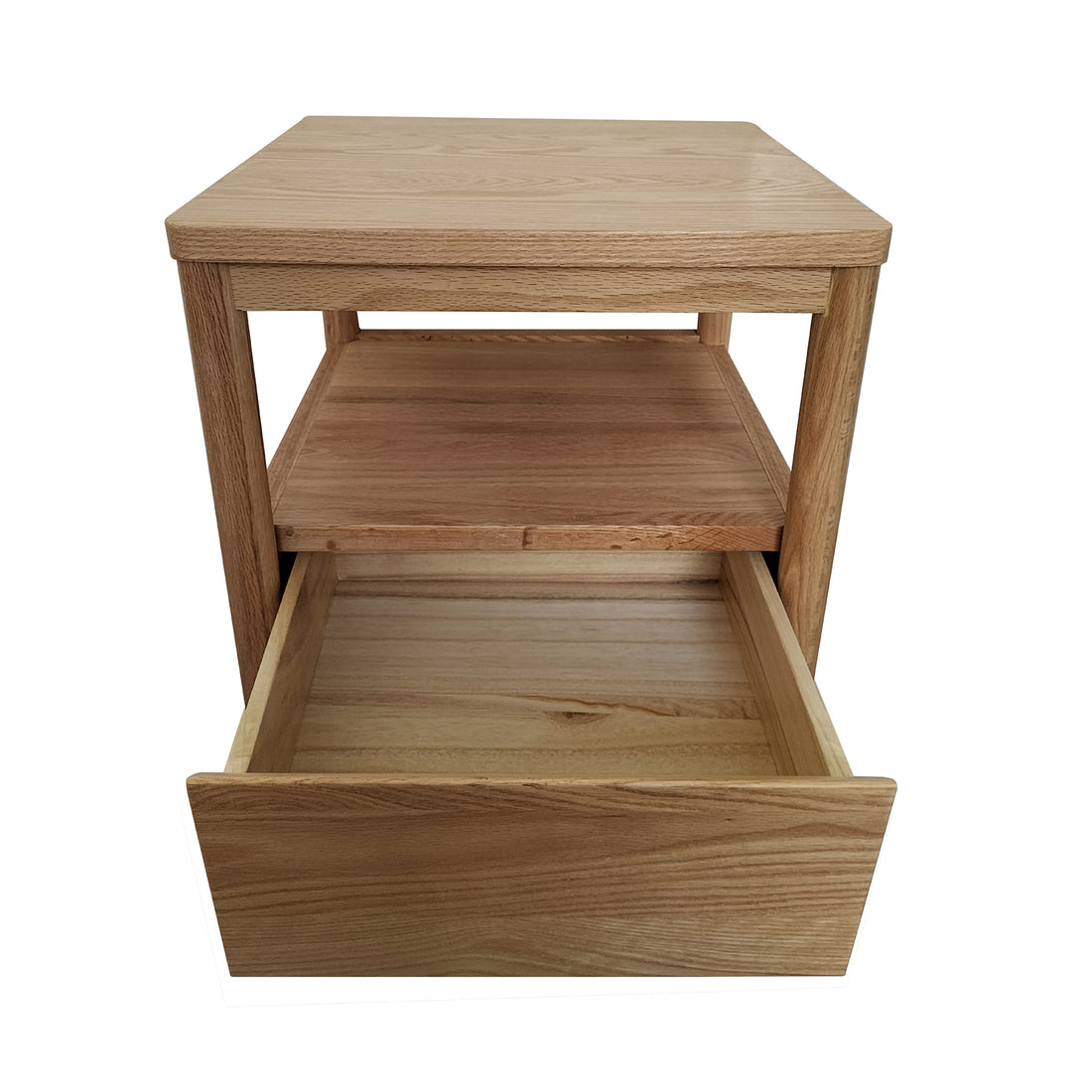 Brett Solid Oak Bedside Table - Natural, showcasing close-up views of the wood surface, highlighting its solid oak construction and natural wood grain texture, with a practical drawer and open shelf design.