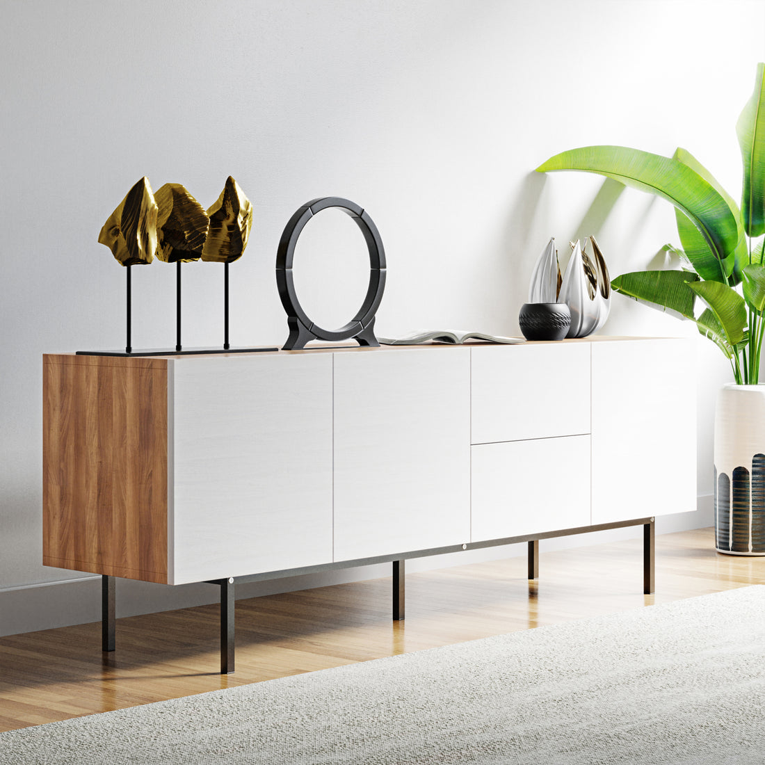 Cameron Sideboard Buffet with Cabinet and Drawers displayed in a room setting, featuring a white cabinet with a black clock on top, enhancing its modern and versatile style.