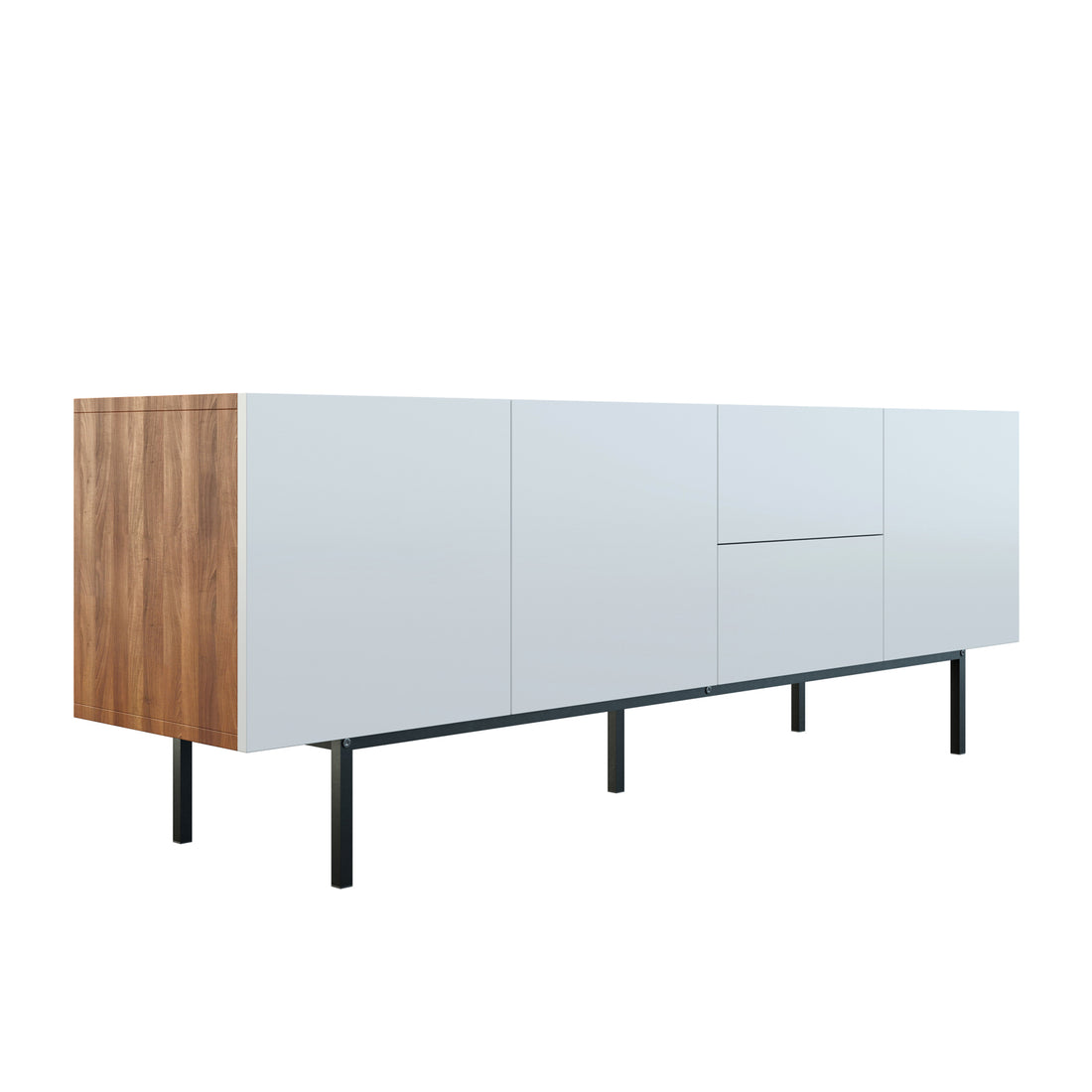 Cameron Sideboard Buffet with Cabinet and Drawers showcases a sleek design with engineered wood, featuring multiple cabinets and drawers for storage, ideal for diverse room settings.