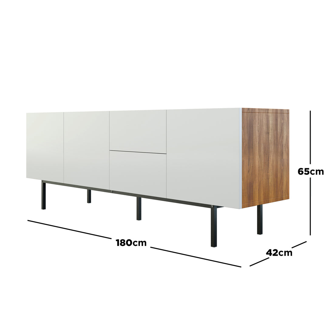 Cameron Sideboard Buffet with Cabinet and Drawers features a wood panel design, black text on white, and a sleek rectangular form with a black border, highlighting its modern style.