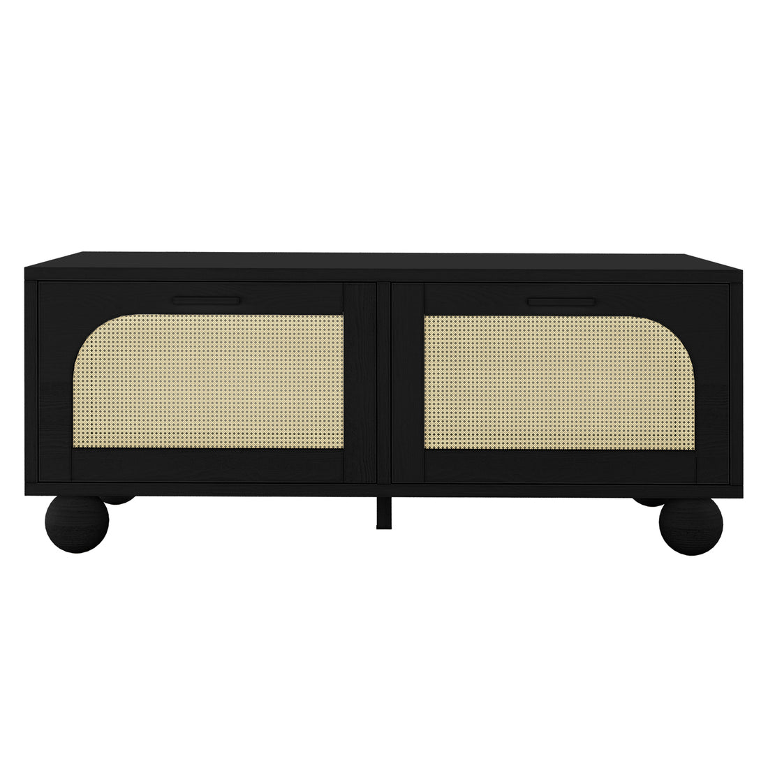 Carlo 110cm Rattan Coffee Table with Storage in Black features two front doors with woven cane panels and sits on spherical feet, blending modern design with functional storage.