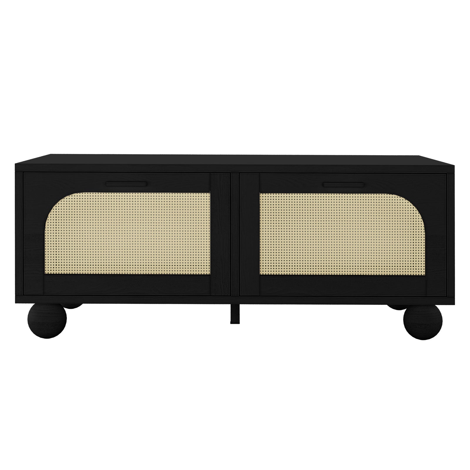 Carlo 110cm Rattan Coffee Table with Storage in Black features two front doors with woven cane panels and sits on spherical feet, blending modern design with functional storage.
