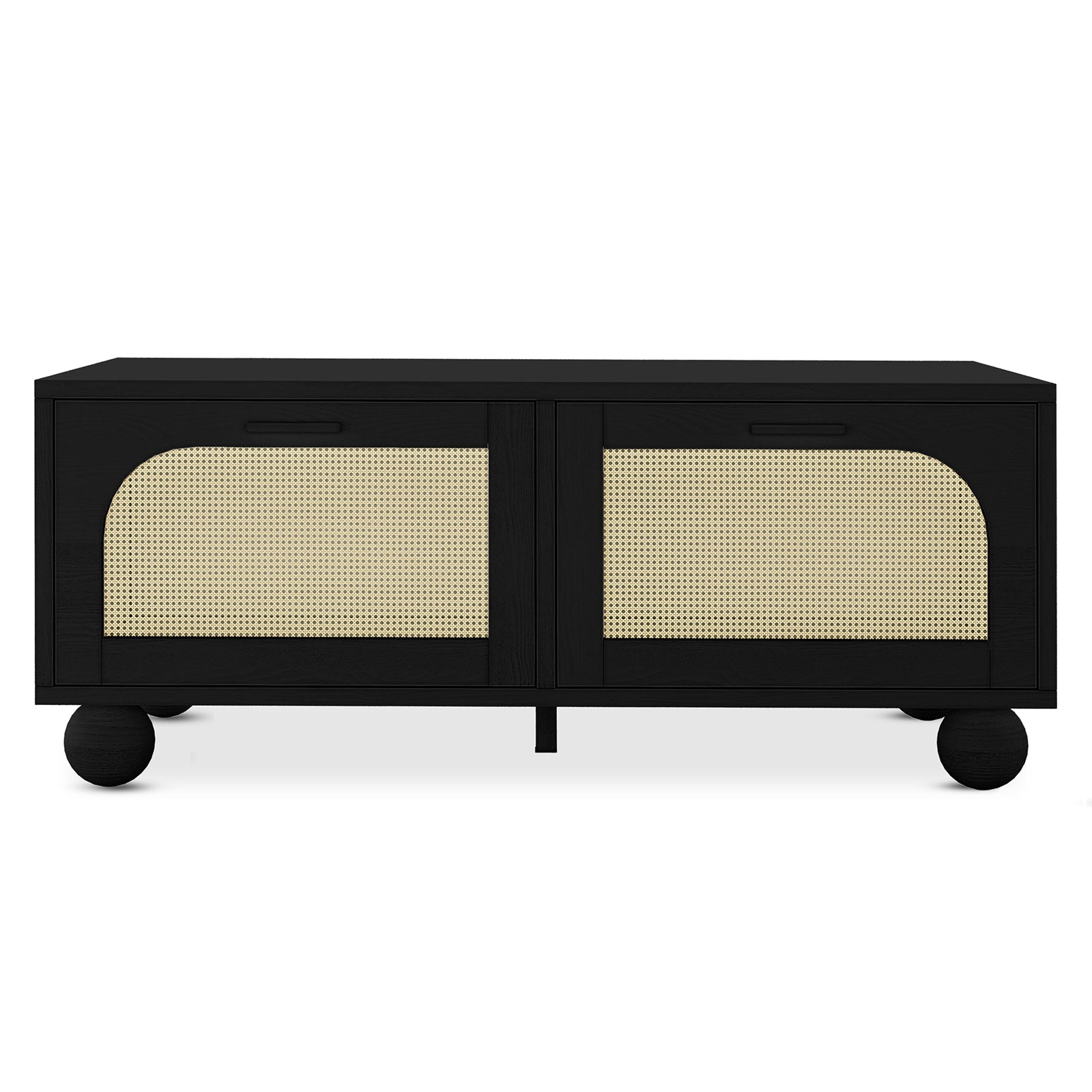 Carlo 110cm Rattan Coffee Table with Storage in Black features a matte black finish, sliding doors with semi-circular natural cane panels, and round feet. Ideal for storing essentials stylishly.