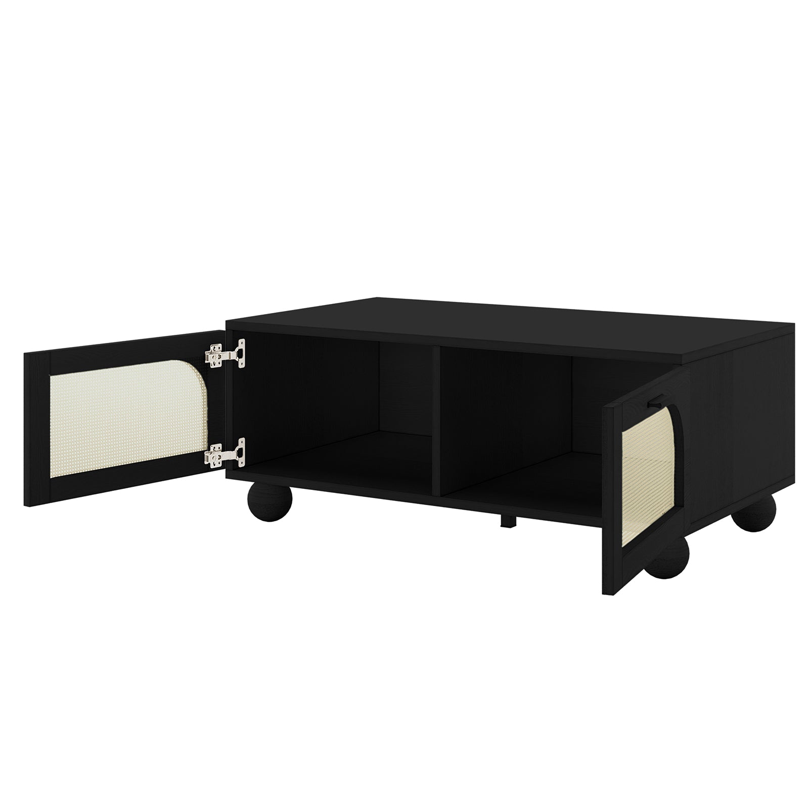 Carlo 110cm Rattan Coffee Table with Storage in Black, featuring a rectangular design with cubby compartments, one rattan-paneled door open, and solid wood spherical feet.