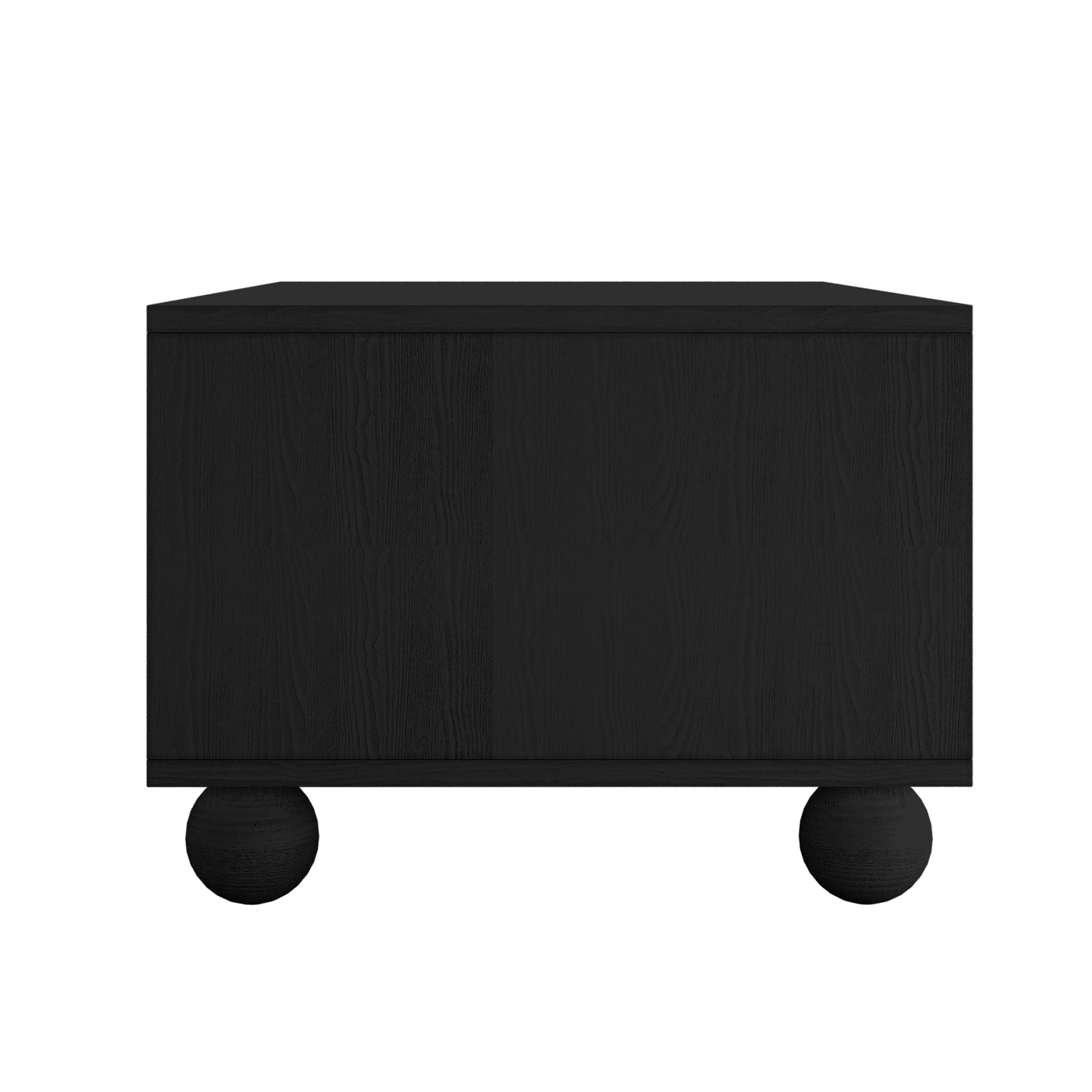 Carlo 110cm Rattan Coffee Table with Storage in Black, featuring a minimalist black wooden cabinet design with no visible hardware, resting on distinctive spherical bun feet against a plain background.