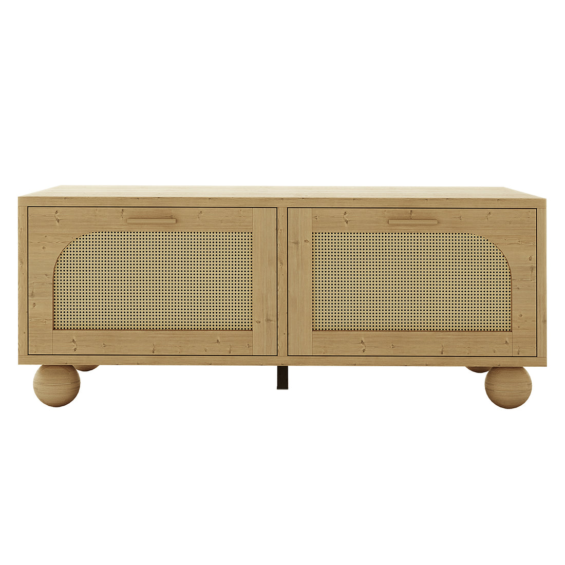 Carlo 110cm Rattan Coffee Table with Storage in Natural, featuring light wood, woven cane doors, and ball-shaped legs, offering a stylish and functional centerpiece for modern living spaces.
