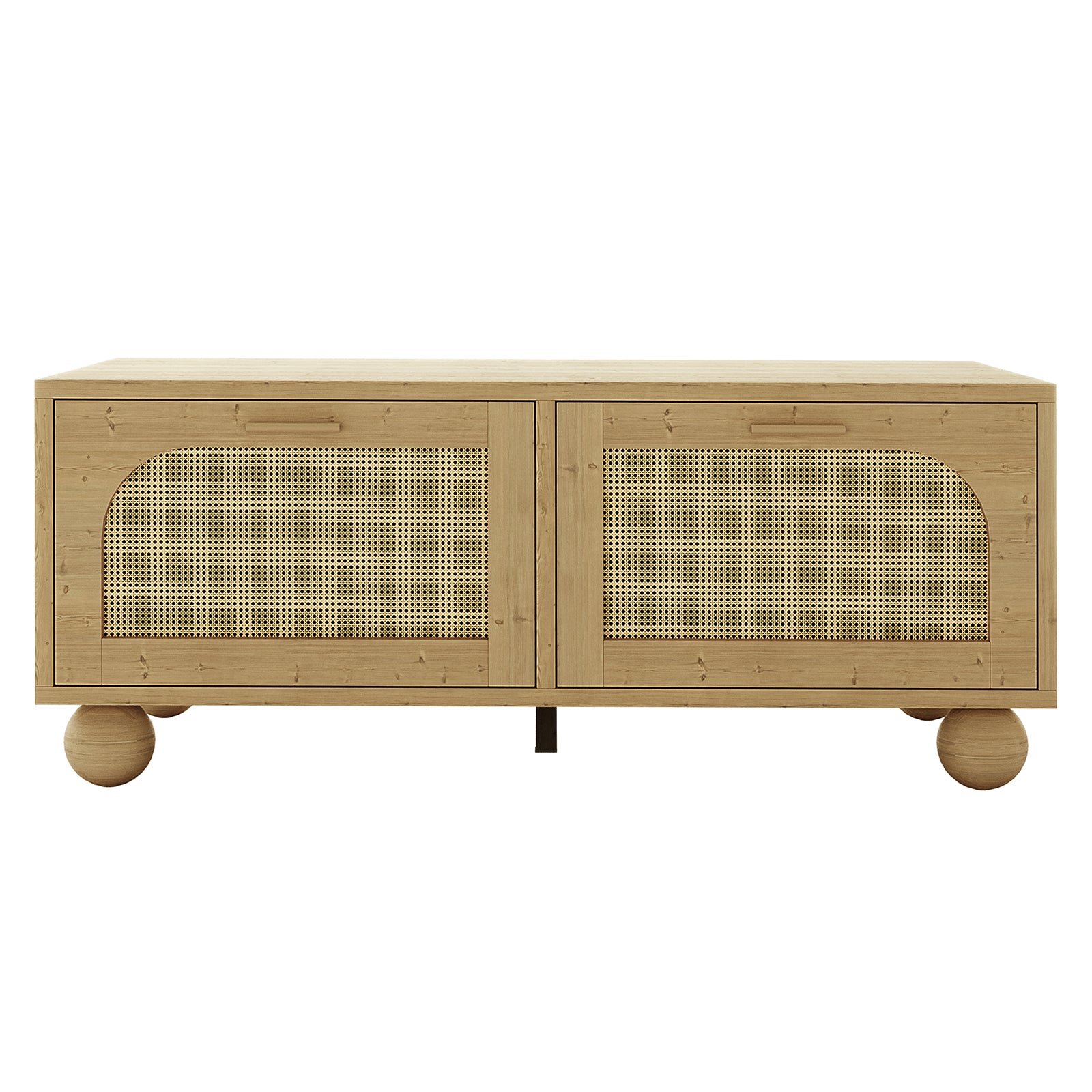 Carlo 110cm Rattan Coffee Table with Storage in Natural, featuring light wood, woven cane doors, and ball-shaped legs, offering a stylish and functional centerpiece for modern living spaces.