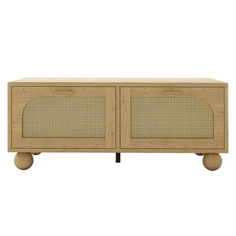 Carlo 110cm Rattan Coffee Table with Storage in Natural, featuring light wood, woven cane doors, and ball-shaped legs, offering a stylish and functional centerpiece for modern living spaces.