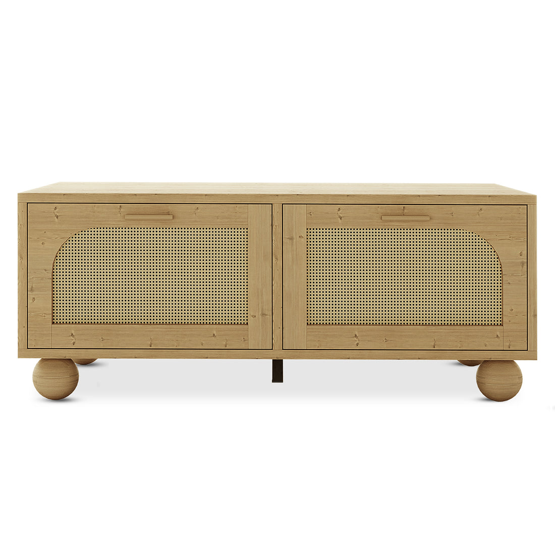Carlo 110cm Rattan Coffee Table with Storage in Natural featuring a rectangular top, two rattan-paneled cabinet doors with horizontal handles, and spherical wooden feet for a minimalist, elevated look.