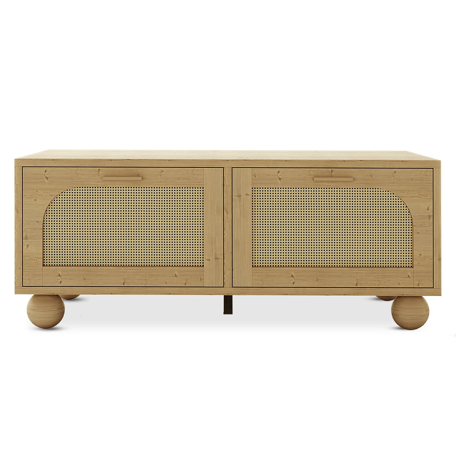 Carlo 110cm Rattan Coffee Table with Storage in Natural featuring a rectangular top, two rattan-paneled cabinet doors with horizontal handles, and spherical wooden feet for a minimalist, elevated look.