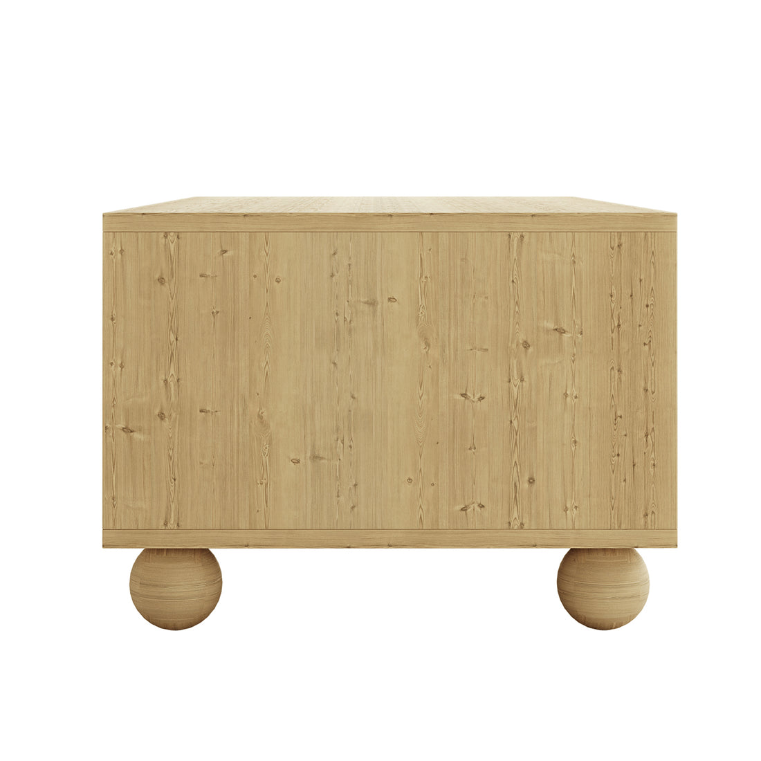 Carlo 110cm Rattan Coffee Table with Storage in Natural, featuring a minimalist, box-shaped design with light-toned wood and two oversized wooden sphere legs, offering a sleek, handleless front.
