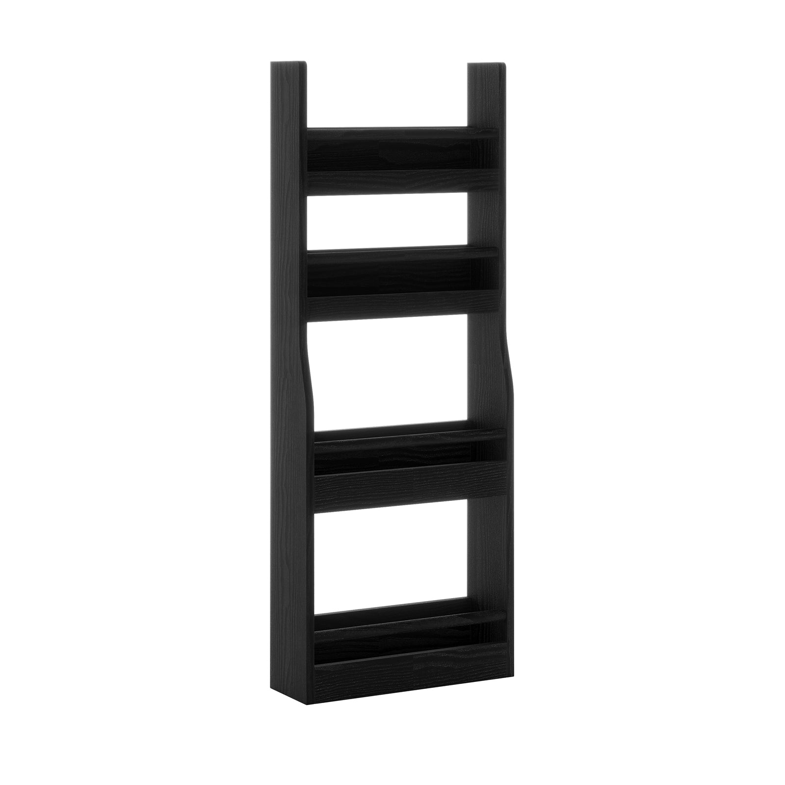 Chastor 100cm Solid Oak Spice Rack Storage - Black, featuring a slim, matte black vertical shelving unit with four inset shelves, ideal for organizing spices and small items in a modern kitchen.