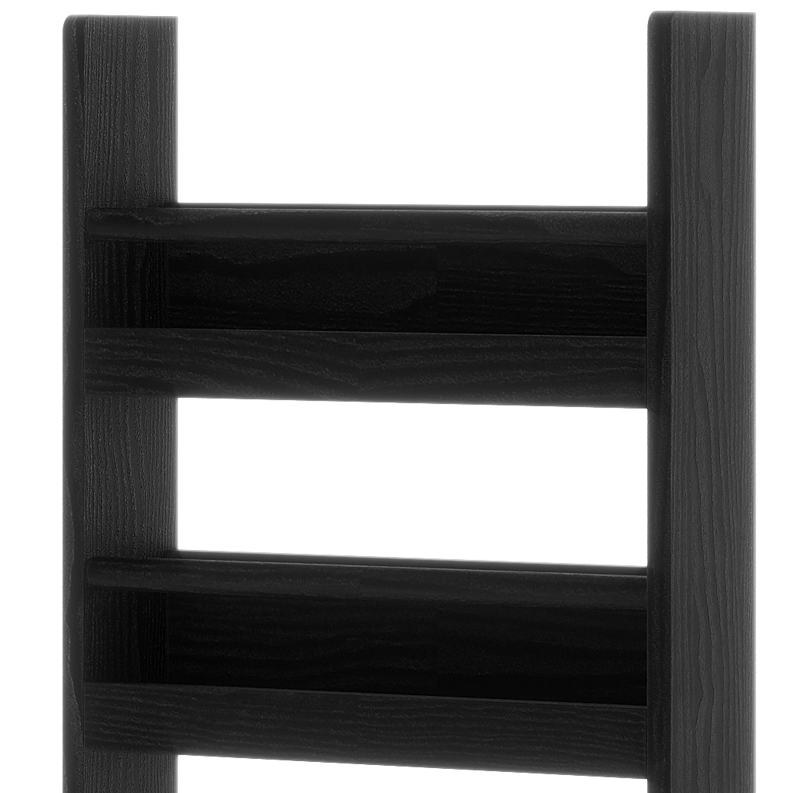 Chastor 100cm Solid Oak Spice Rack Storage - Black features a black-stained wooden frame with two vertical posts and three horizontal slats, resembling a ladder-style rack, showcasing modern kitchen organization.