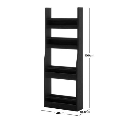Chastor 100cm Solid Oak Spice Rack Storage - Black: Tall, narrow black wall-mounted shelving unit with three open shelf compartments and bottom tray, crafted for storing small kitchen items.
