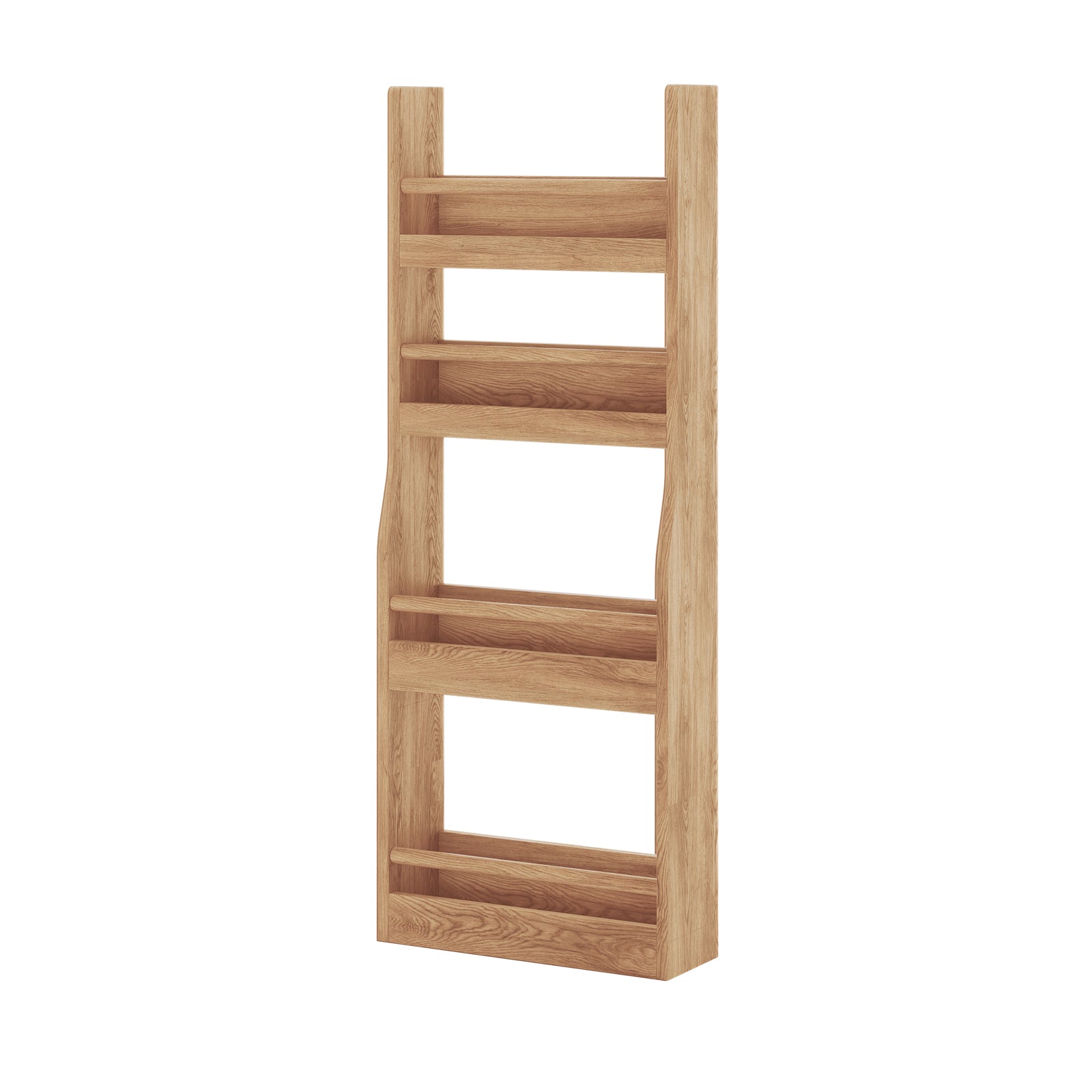Chastor 100cm Solid Oak Spice Rack Storage - Natural: Tall, narrow oak-look shelving unit with three vertical slatted compartments, ideal for wall-mounting in compact spaces for organized kitchen storage.