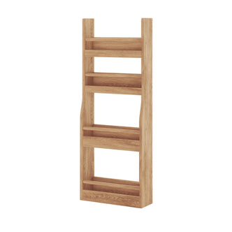 Chastor 100cm Solid Oak Spice Rack Storage - Natural: Tall, narrow oak-look shelving unit with three vertical slatted compartments, ideal for wall-mounting in compact spaces for organized kitchen storage.