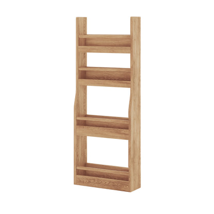 Chastor 100cm Solid Oak Spice Rack Storage - Natural: Tall, narrow oak-look shelving unit with three vertical slatted compartments, ideal for wall-mounting in compact spaces for organized kitchen storage.