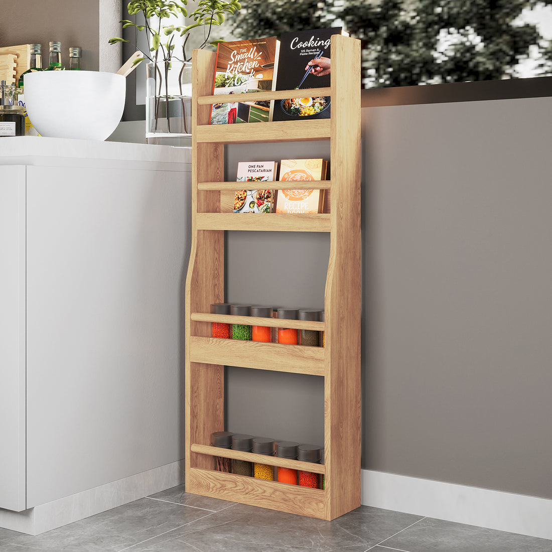 Chastor 100cm Solid Oak Spice Rack - Natural, shown with four shelves holding cookbooks and spice jars, fits snugly between counter and wall, illustrating its space-saving design and stylish functionality in a kitchen setting.