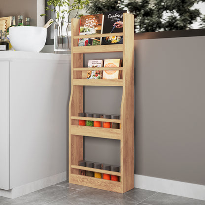 Chastor 100cm Solid Oak Spice Rack - Natural, shown with four shelves holding cookbooks and spice jars, fits snugly between counter and wall, illustrating its space-saving design and stylish functionality in a kitchen setting.