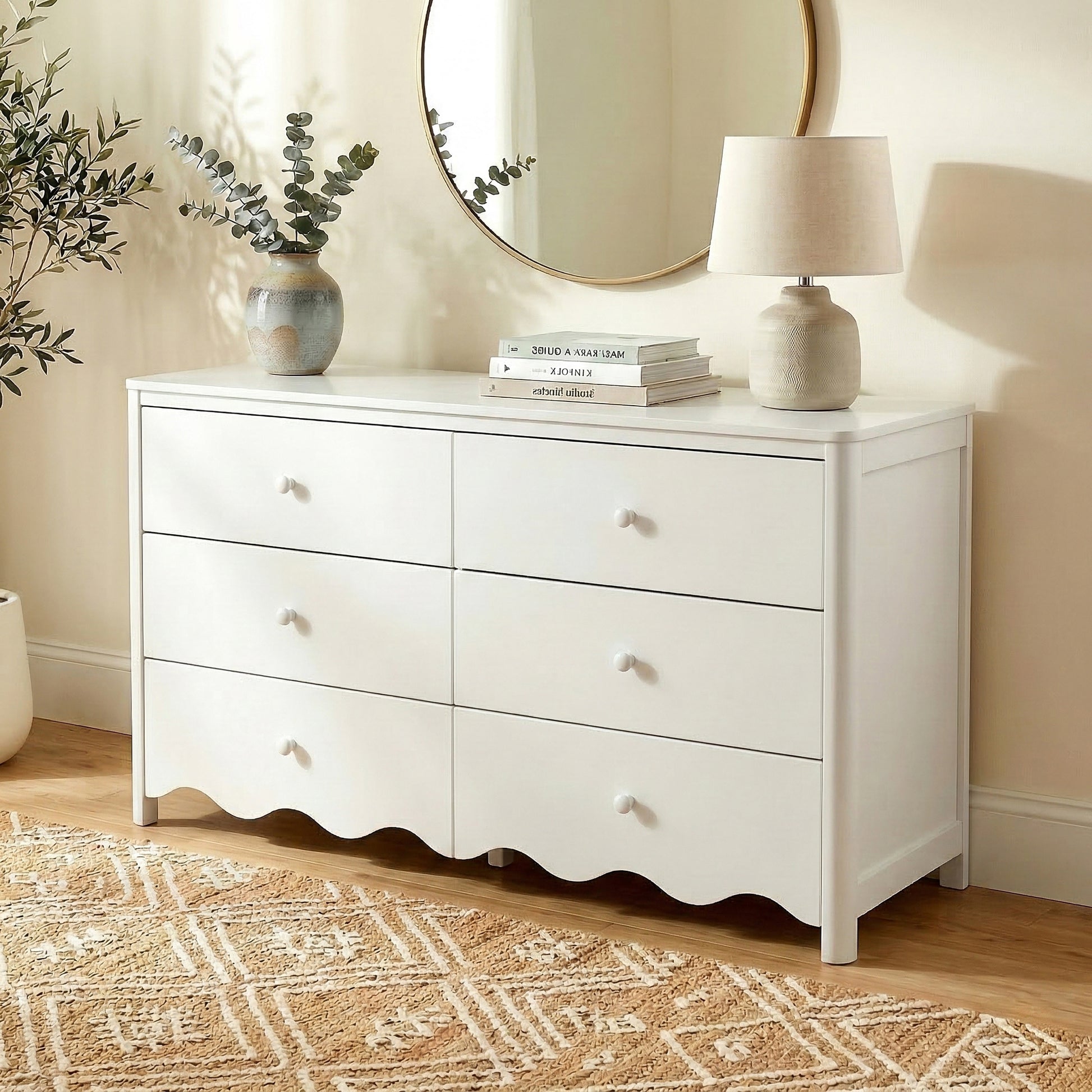 Cherish Scalloped 6 Drawer Lowboy Dresser in White – Luxo Living Cherish Scalloped 6 Drawer Lowboy Dresser in White – Luxo Living