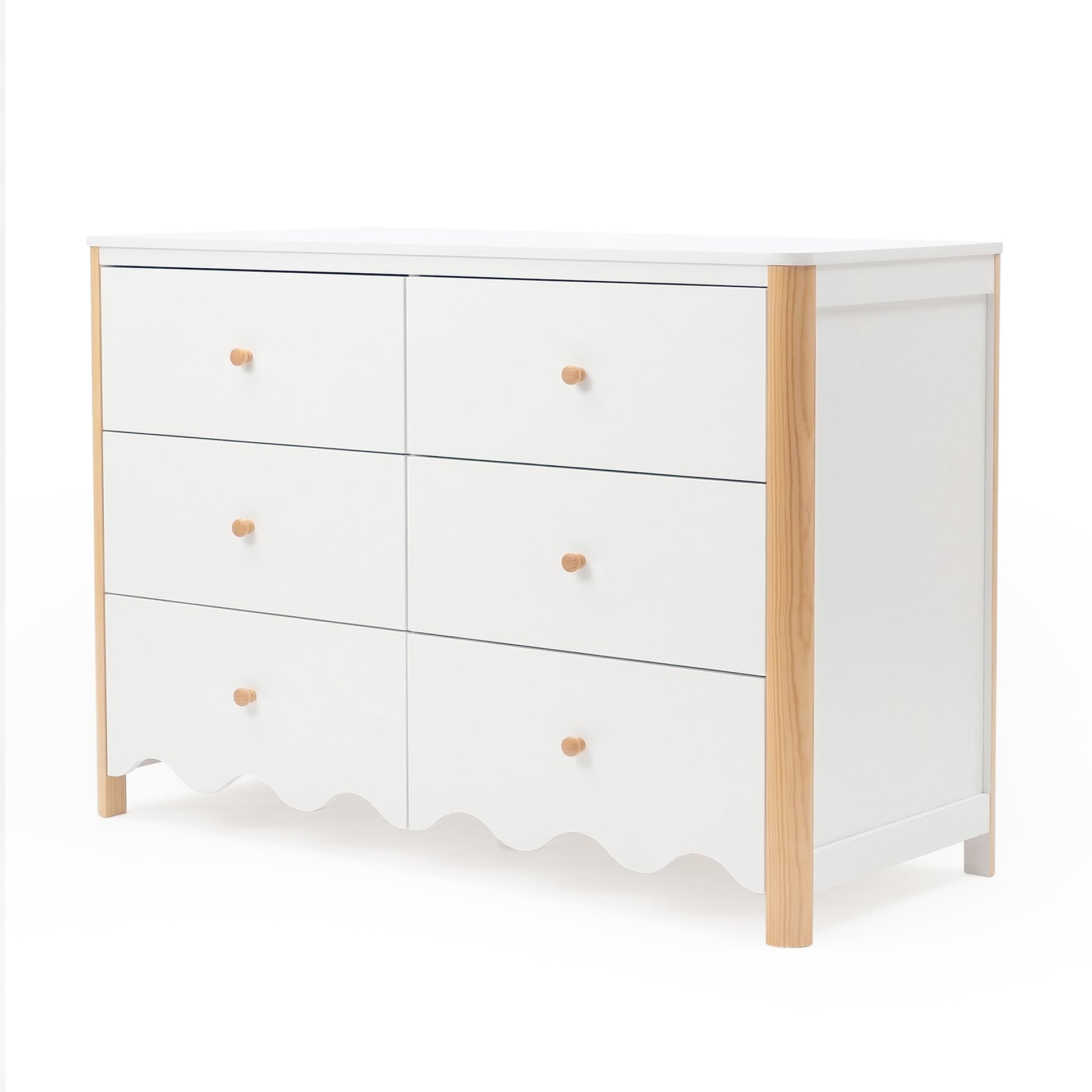 Cherish Scalloped 6 Drawer Lowboy Dresser in White & Natural – Luxo Living Cherish Scalloped 6 Drawer Lowboy Dresser in White & Natural – Luxo Living