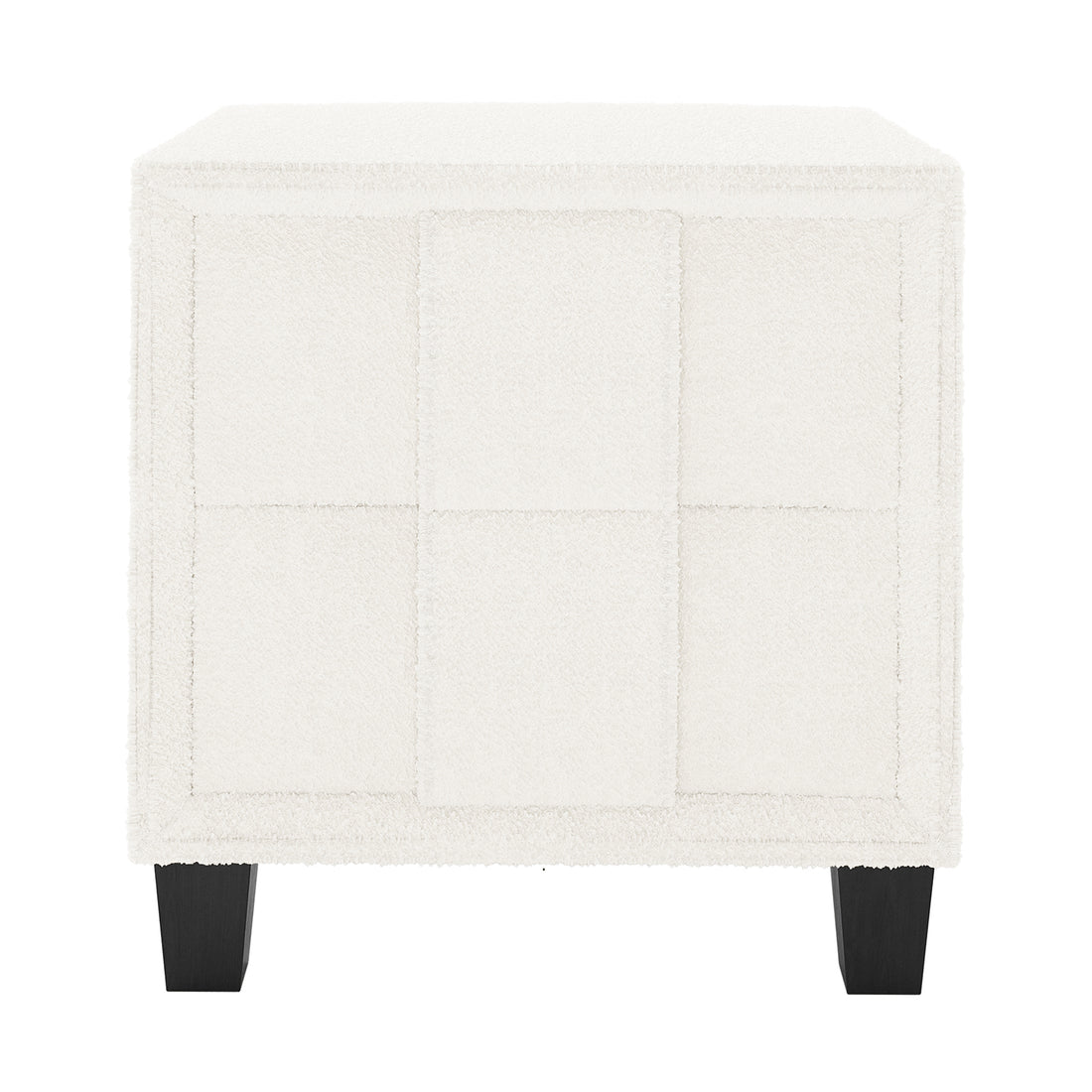 Crossandra Boucle Bedside Table in Cream White, showcasing a cube-shaped design with off-white bouclé fabric in a 3×3 panel grid, on four dark-stained wooden legs, perfect for modern bedrooms.