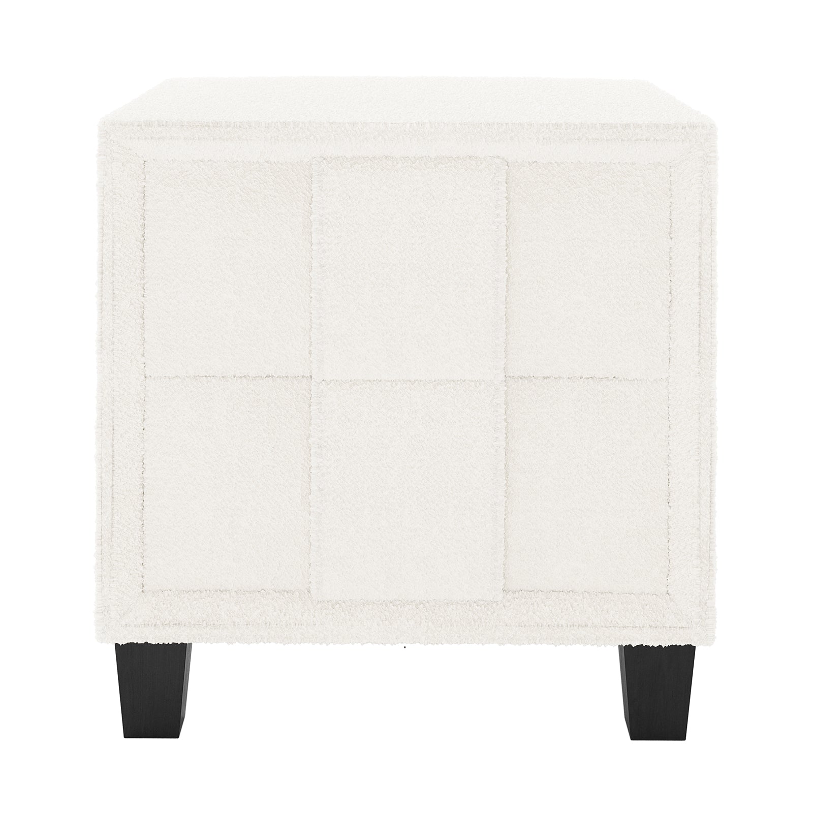 Crossandra Boucle Bedside Table in Cream White, showcasing a cube-shaped design with off-white bouclé fabric in a 3×3 panel grid, on four dark-stained wooden legs, perfect for modern bedrooms.