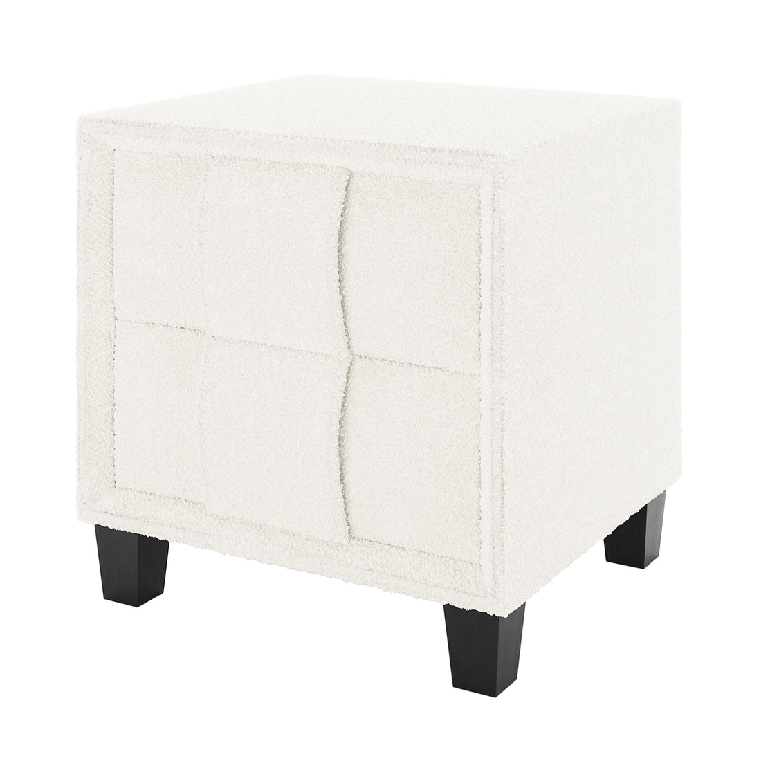 Crossandra Boucle Bedside Table in Cream White, featuring off-white boucle upholstery, four-panel tufted design, and short tapered black wooden legs, offering a chic and functional addition to bedroom decor.