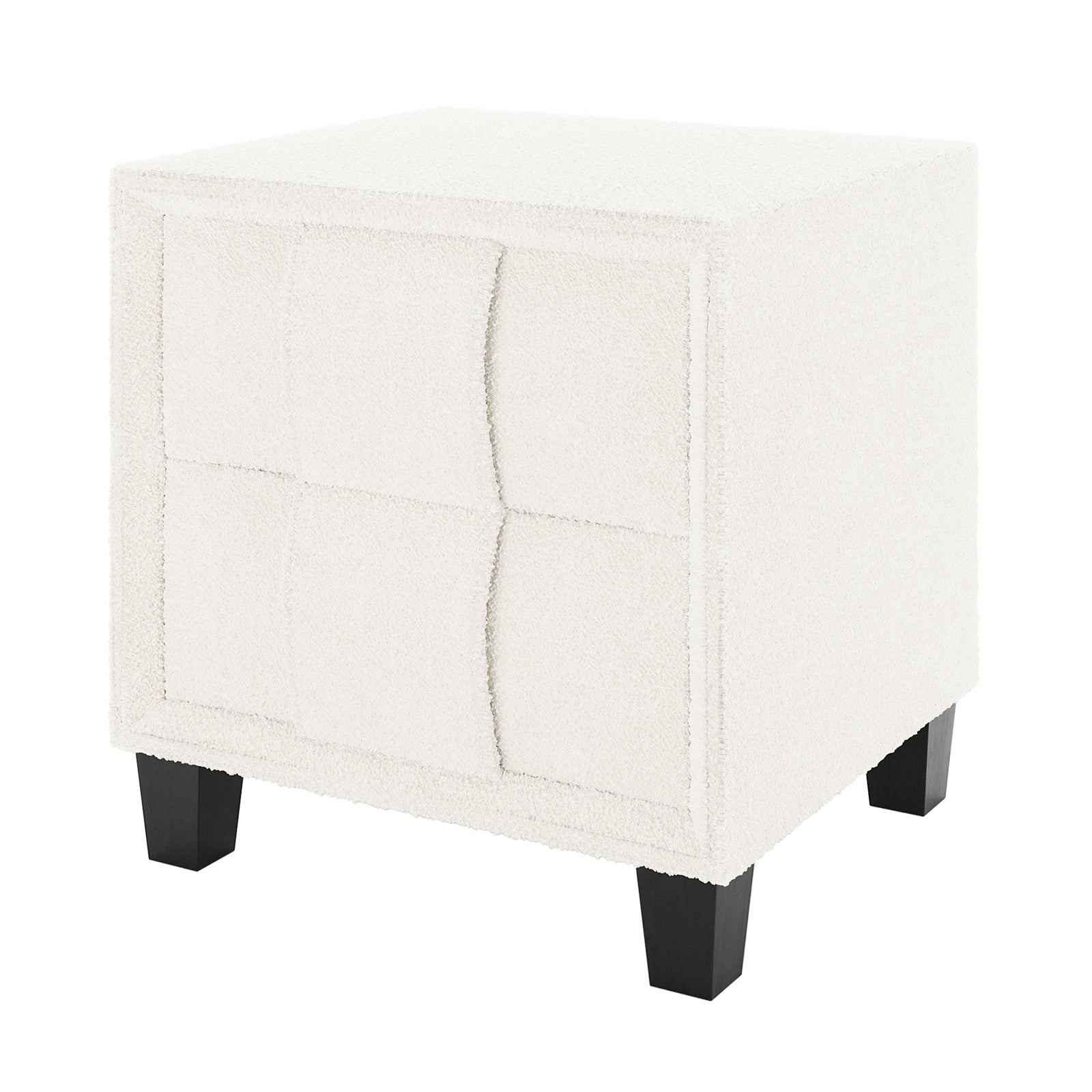 Crossandra Boucle Bedside Table in Cream White, featuring off-white boucle upholstery, four-panel tufted design, and short tapered black wooden legs, offering a chic and functional addition to bedroom decor.