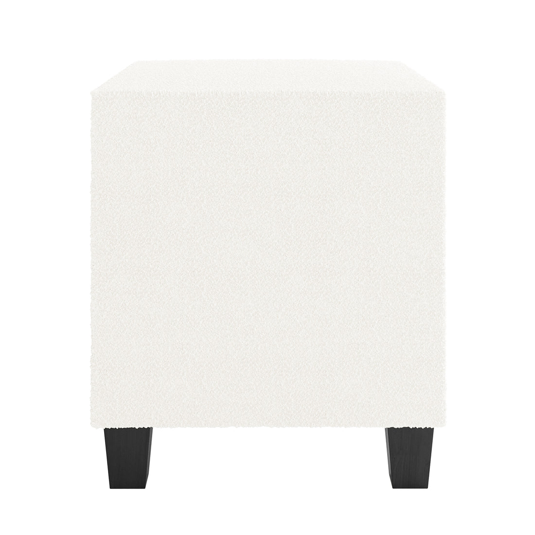 Crossandra 2 Drawer Fabric Bedside Table in Cream White, cube-shaped, upholstered in soft bouclé fabric, with four short, dark tapered legs, offering a chic and practical addition to any bedroom.