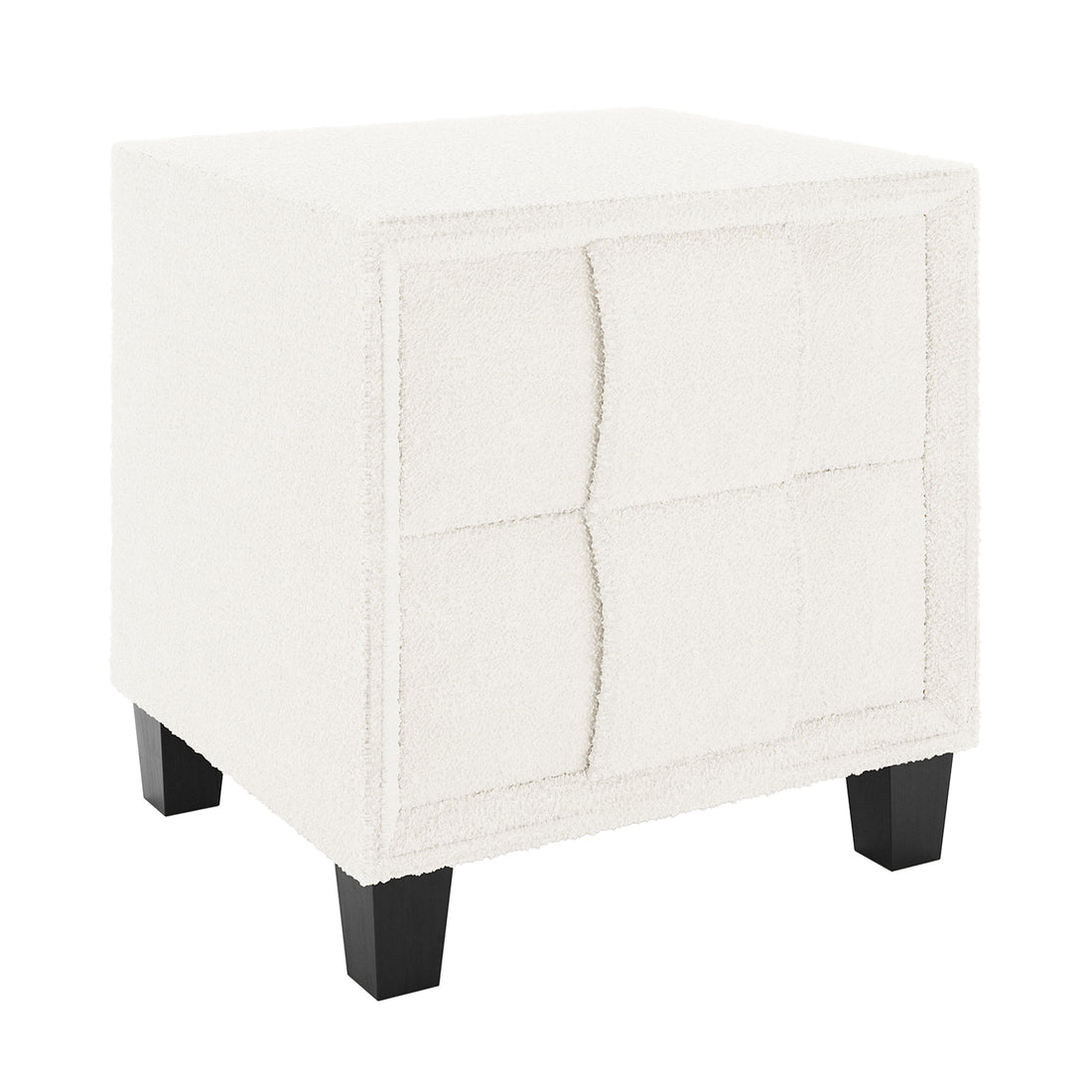 Crossandra 2 Drawer Fabric Bedside Table in Cream White features a textured bouclé upholstery, subtly curved drawer fronts, and dark-stained wooden legs, offering a chic and functional addition to your bedroom.