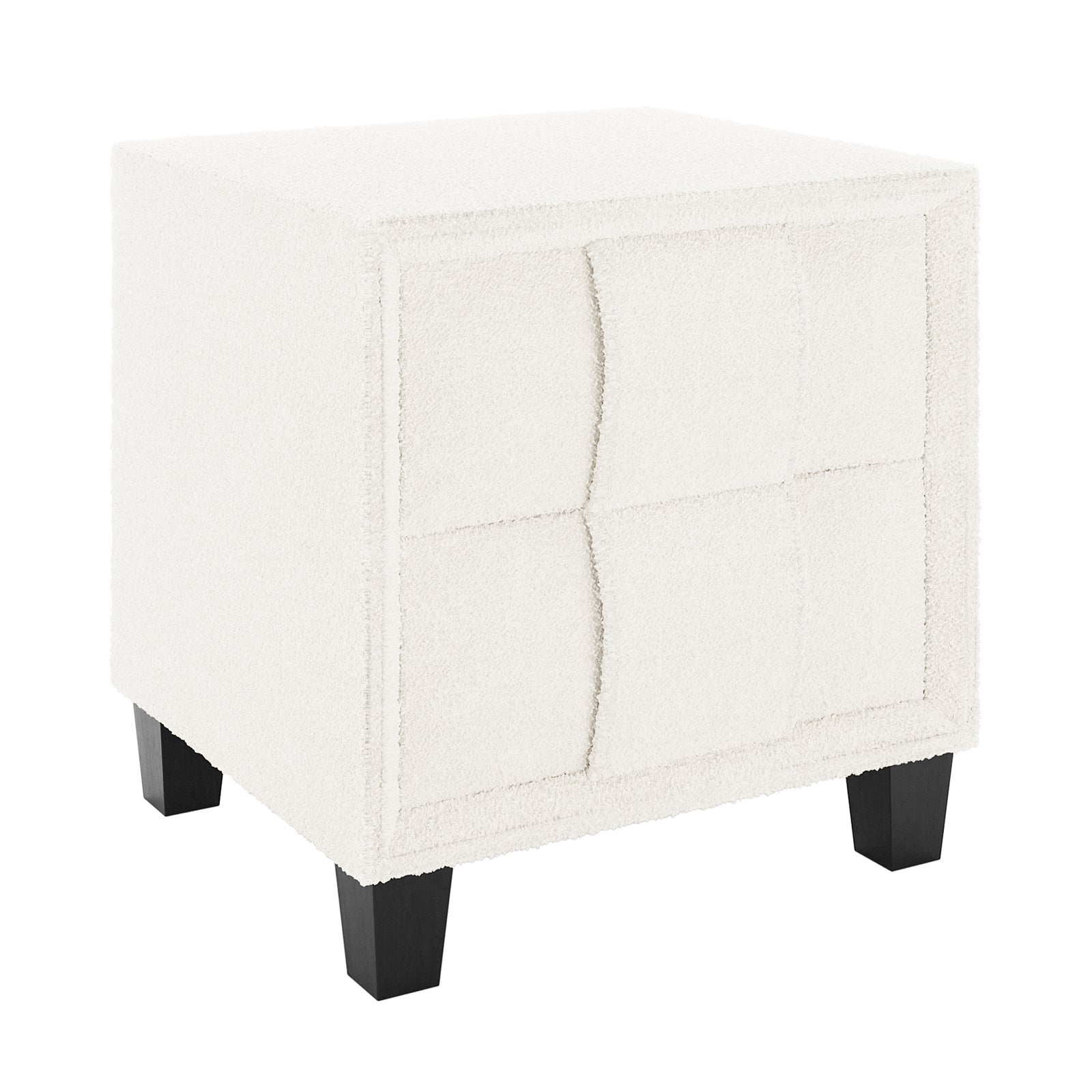 Crossandra 2 Drawer Fabric Bedside Table in Cream White features a textured bouclé upholstery, subtly curved drawer fronts, and dark-stained wooden legs, offering a chic and functional addition to your bedroom.