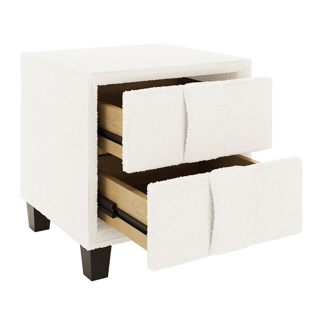 Crossandra 2 Drawer Fabric Bedside Table in Cream White, upholstered in textured off-white fabric, features two drawers with natural wood interiors and dark-stained legs, offering modern elegance and functionality.