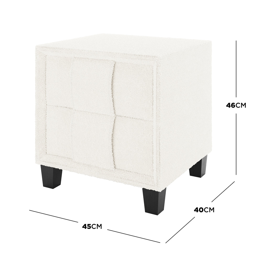 Crossandra 2 Drawer Fabric Bedside Table in Cream White, featuring cream-colored bouclé upholstery with a tufted grid pattern, supported by four short, tapered black wooden legs. Measures approximately 45 cm wide, 40 cm deep, and 46 cm tall.