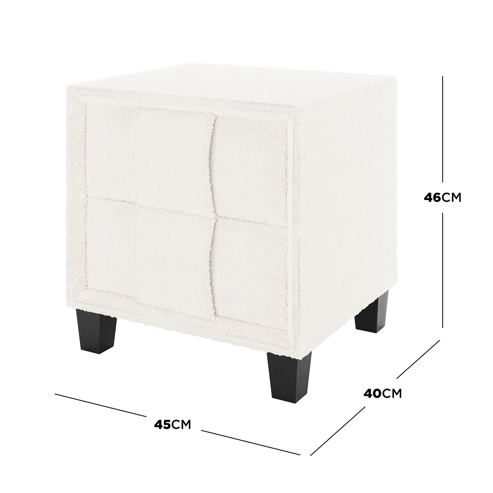 Crossandra 2 Drawer Fabric Bedside Table in Cream White, featuring cream-colored bouclé upholstery with a tufted grid pattern, supported by four short, tapered black wooden legs. Measures approximately 45 cm wide, 40 cm deep, and 46 cm tall.