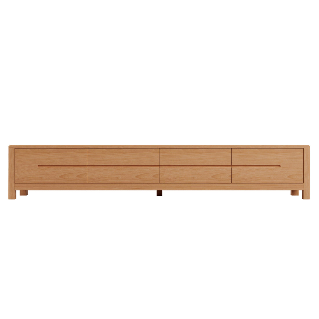 Declan 200cm American Oak Timber Entertainment Unit Natural, featuring sleek design with four drawers, smooth edges, and visible wood grain, showcasing its sturdy construction and ample space for large TVs.
