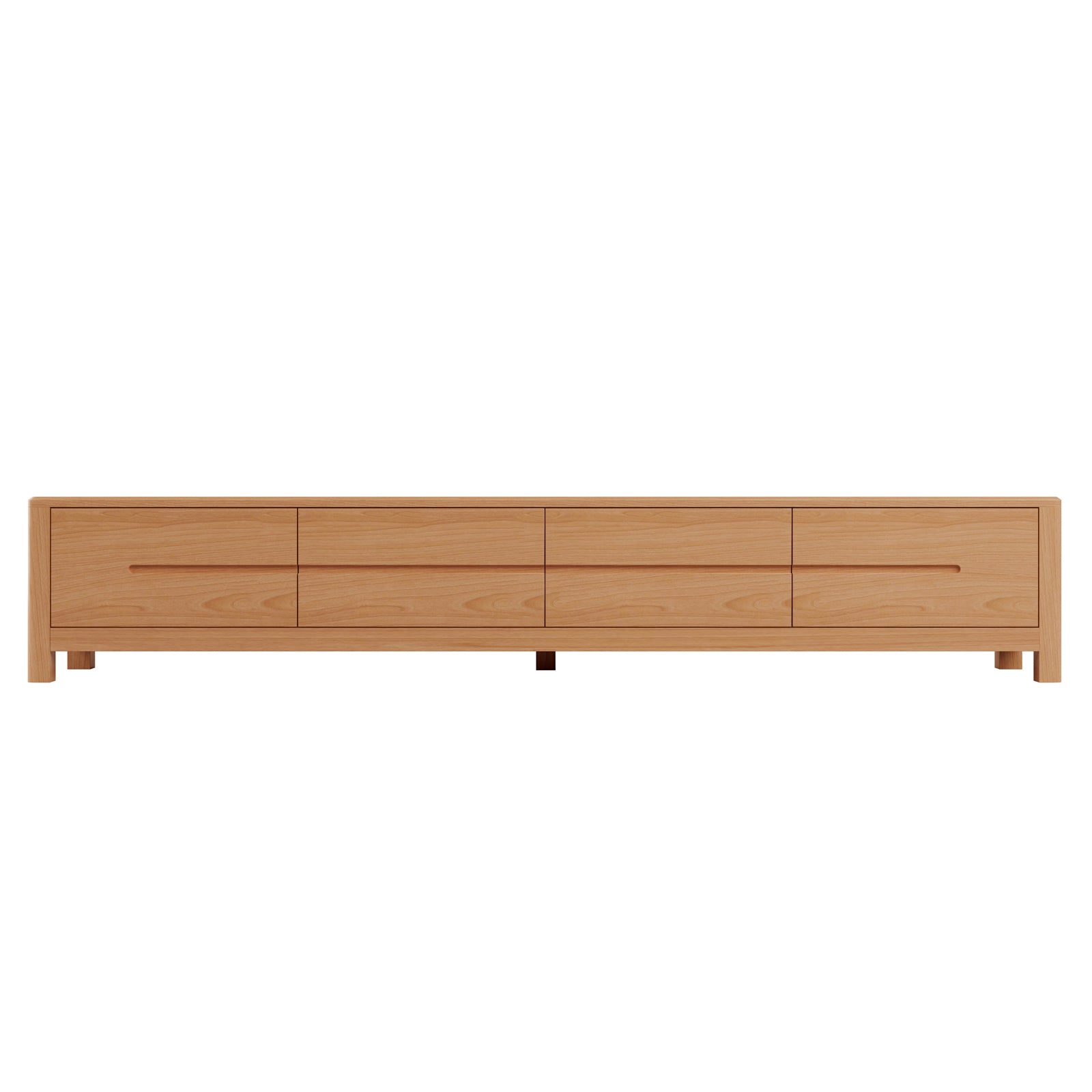 Declan 200cm American Oak Timber Entertainment Unit Natural, featuring sleek design with four drawers, smooth edges, and visible wood grain, showcasing its sturdy construction and ample space for large TVs.