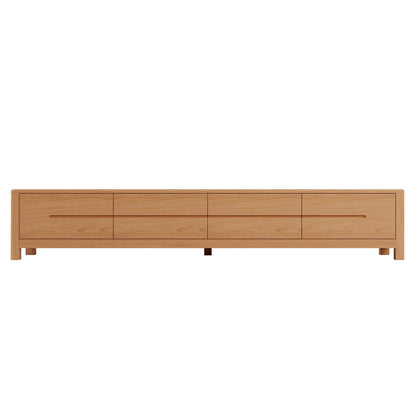 Declan 200cm American Oak Timber Entertainment Unit Natural, featuring sleek design with four drawers, smooth edges, and visible wood grain, showcasing its sturdy construction and ample space for large TVs.