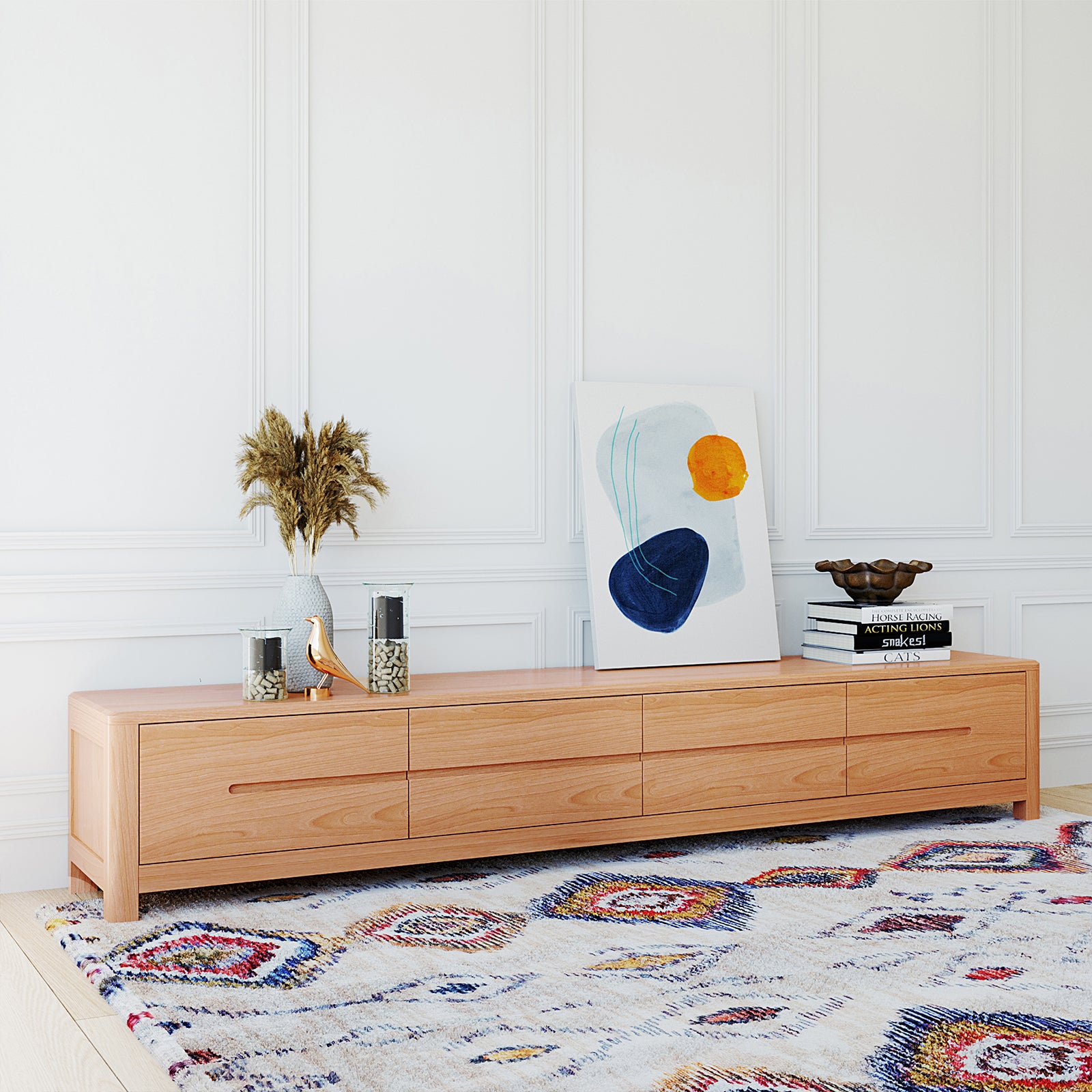 Declan 200cm American Oak Timber Entertainment Unit Natural, featuring a sleek design with four spacious drawers, perfect for organizing media essentials, showcased in an elegant indoor setting with complementary decor elements.