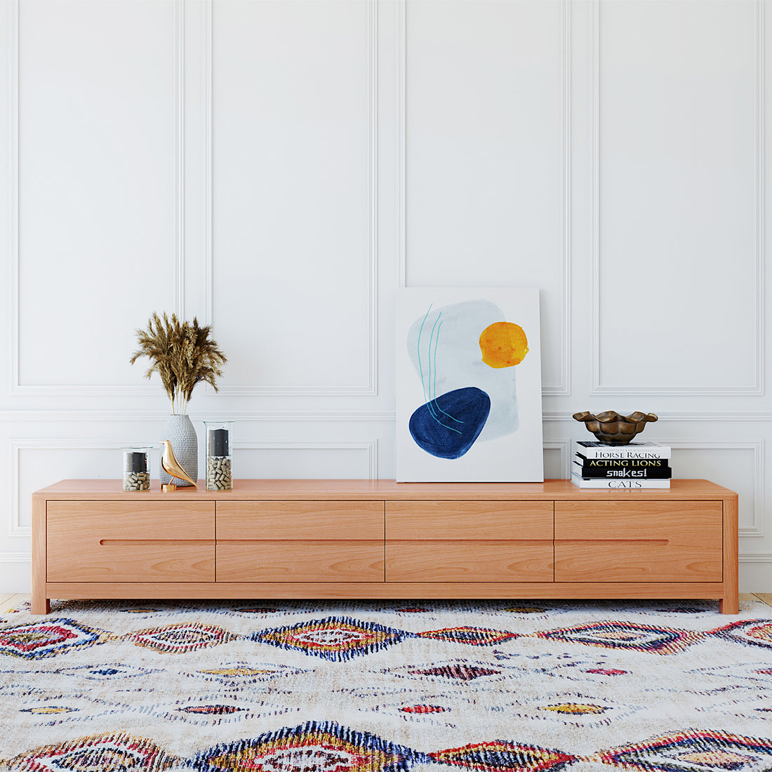 Declan 200cm American Oak Timber Entertainment Unit Natural, showcasing solid oak construction, sleek design, four spacious drawers, and a sturdy build, ideal for large TVs and media setups.