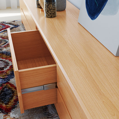 Declan 200cm American Oak Timber Entertainment Unit Natural; close-up of elegant oak finish with four sleek drawers, showcasing its sturdy build and modern design, ideal for large TVs and tidy storage.