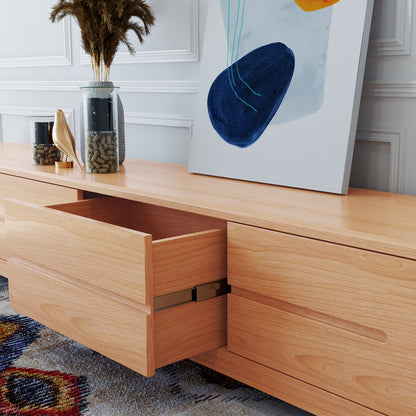 Declan 200cm American Oak Timber Entertainment Unit featuring four drawers, showcasing a sleek, natural wood grain design, offering a contemporary touch suitable for large smart TVs and media setups.