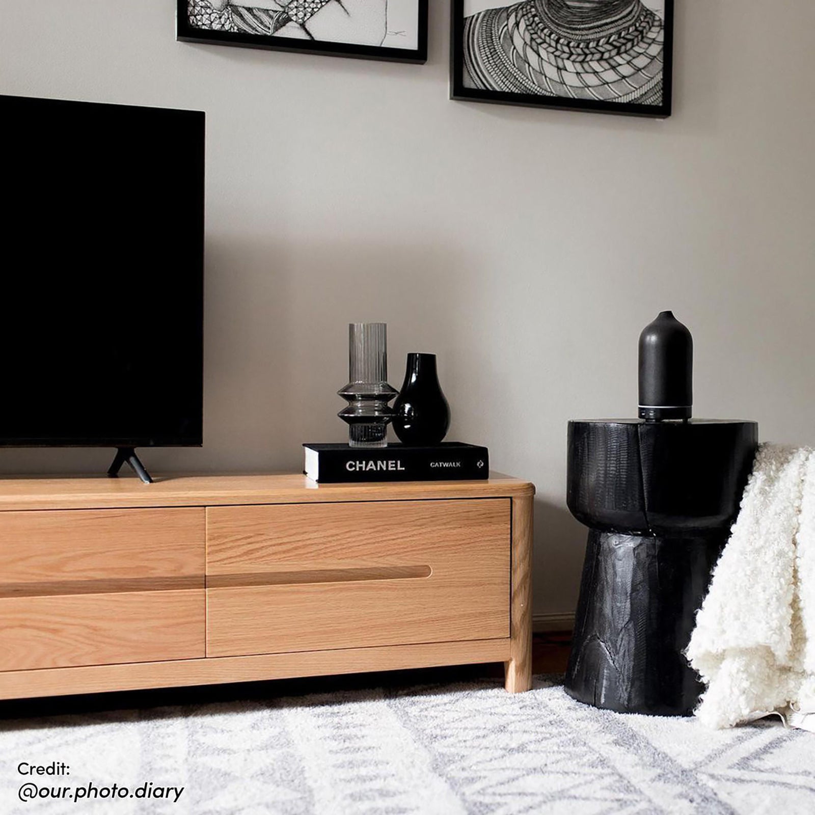 Declan 200cm American Oak Timber Entertainment Unit Natural; showcases a sleek, solid oak design with four drawers, ideal for large TVs, enhancing modern living spaces with its minimalist aesthetic.