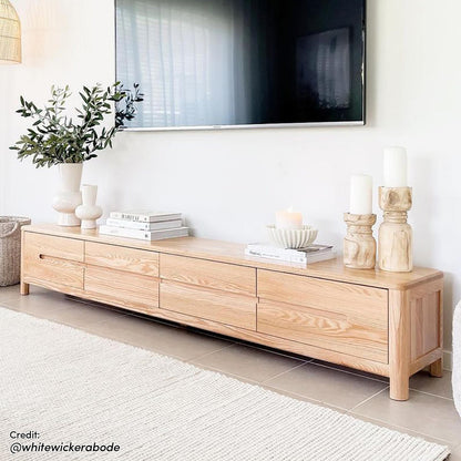 Declan 200cm American Oak Timber Entertainment Unit Natural, showcasing its sleek design, four spacious drawers, and sturdy build, ideal for large TVs in modern interiors.