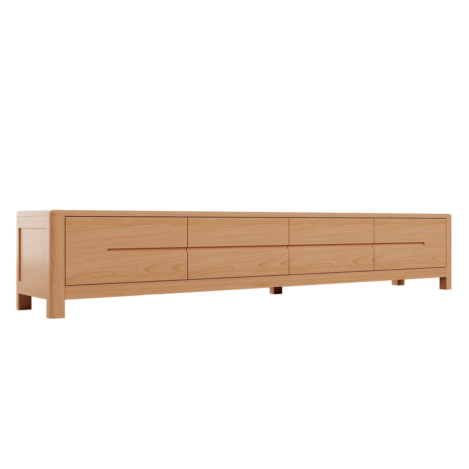 Declan 200cm American Oak Timber Entertainment Unit Natural, showcasing four drawers and a sleek, solid wood design, perfect for large TVs, with unique wood grain detailing and curved edges.